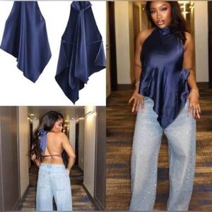 🔥🔥Zara Navy Satin Halter Asymmetric Tie-Back Top